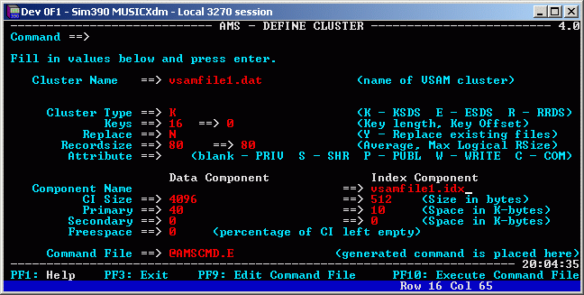 AMS file allocation screen