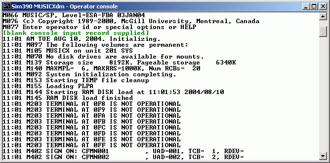 Sim390 console window